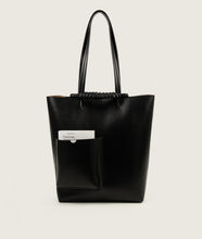 Load image into Gallery viewer, Pazar I Pazar Book Tote Grape Leather Black with Black Stitching I front view I white background with Book "Final Copy" in the outher book pocket