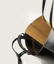 Load image into Gallery viewer, Pazar I Pazar Book Tote Grape Leather I Black with white Stitching I inside view I showing the iconic closure system and the inner pocket I white background