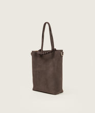 Load image into Gallery viewer, Pazar I Pazar Tote Nano Suede Cacao I cacao I side view I showing iconic SAGAN closing system and strap detail I white background