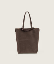 Load image into Gallery viewer, Pazar I Pazar Tote Nano Suede Cacao I cacao I front view I showing iconic SAGAN closing system and strap detail I white background