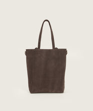 Load image into Gallery viewer, Pazar I Pazar Tote Nano Suede Cacao I cacao I back view I showing iconic SAGAN closing system and strap detail I white background