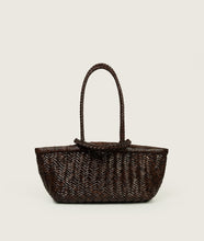 Load image into Gallery viewer, Woven I Pazar Tote Boat Handwoven I brown I front view I showing the iconic closure I white background