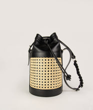 Load image into Gallery viewer, Vienna bucket bag, size M in black from Italian calf leather. Short signature hand knotted handle with additionally long thin removable shoulder strap. Inner pocket. D-key ring.