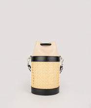 Load image into Gallery viewer, The Vienna bucket bag, size S in tricolor from Italian calf leather. Short signature hand knotted handle with additionally long thin removable shoulder strap. Inner pocket. D-key ring.